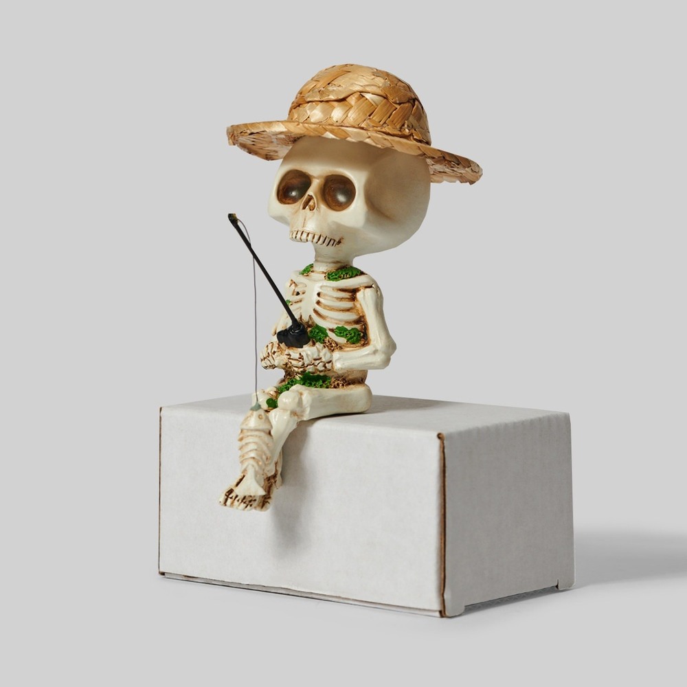 Skeleton Fishing Figurine w/ Hat Resin Desk Decor Skull Statue Gift Funny